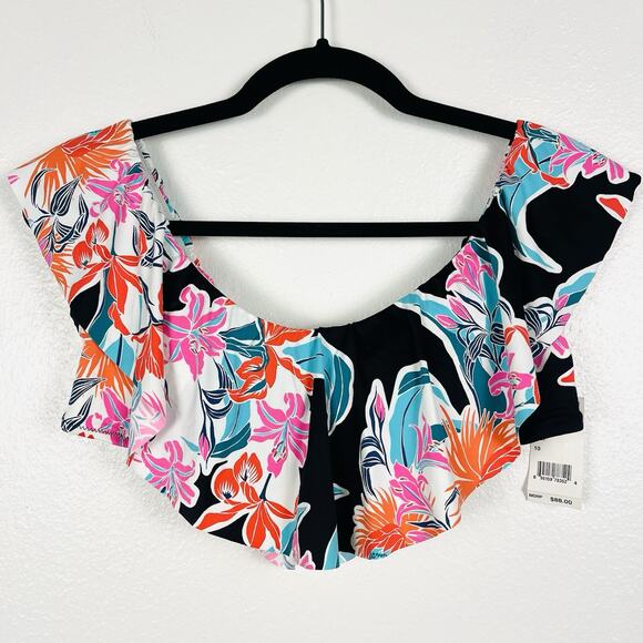 NWT Trina Turk Size 10 Ruffled Bandeau Bikini Top Multicolor Tropical Floral - Picture 2 of 6